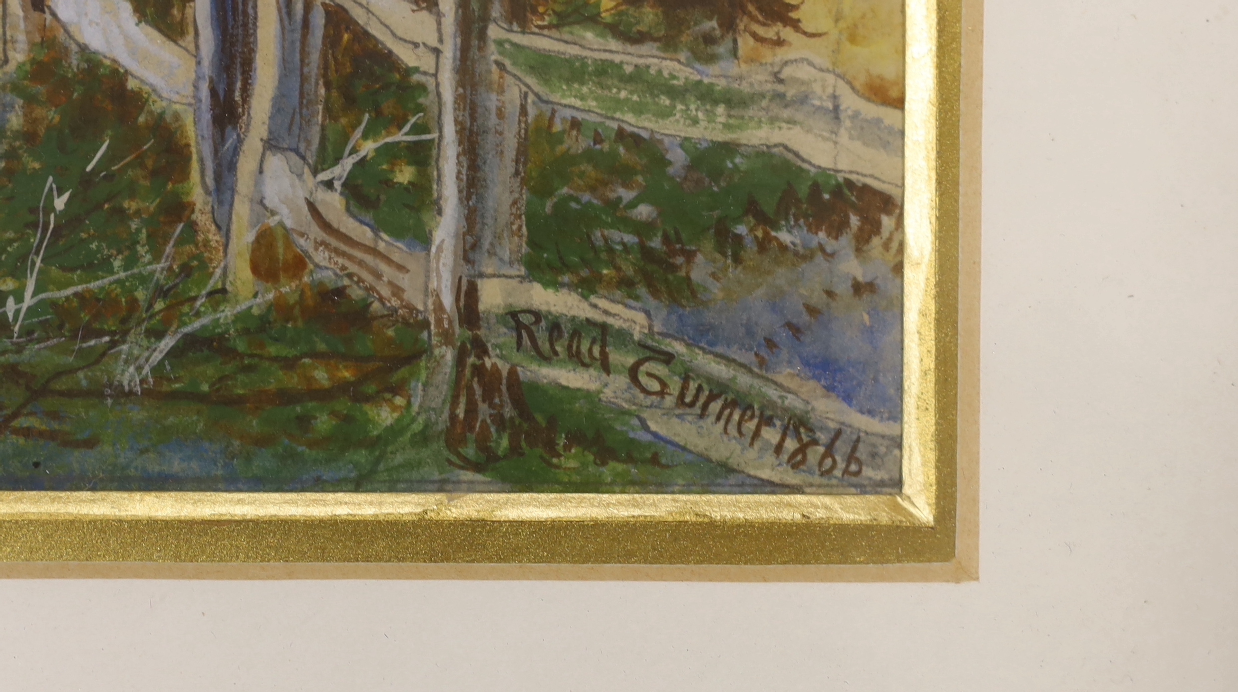 Read Turner (19th century) heightened watercolour, Pathway with shepherd and sheep, signed and dated 1866, housed in a carved wood frame, 41 x 24cm